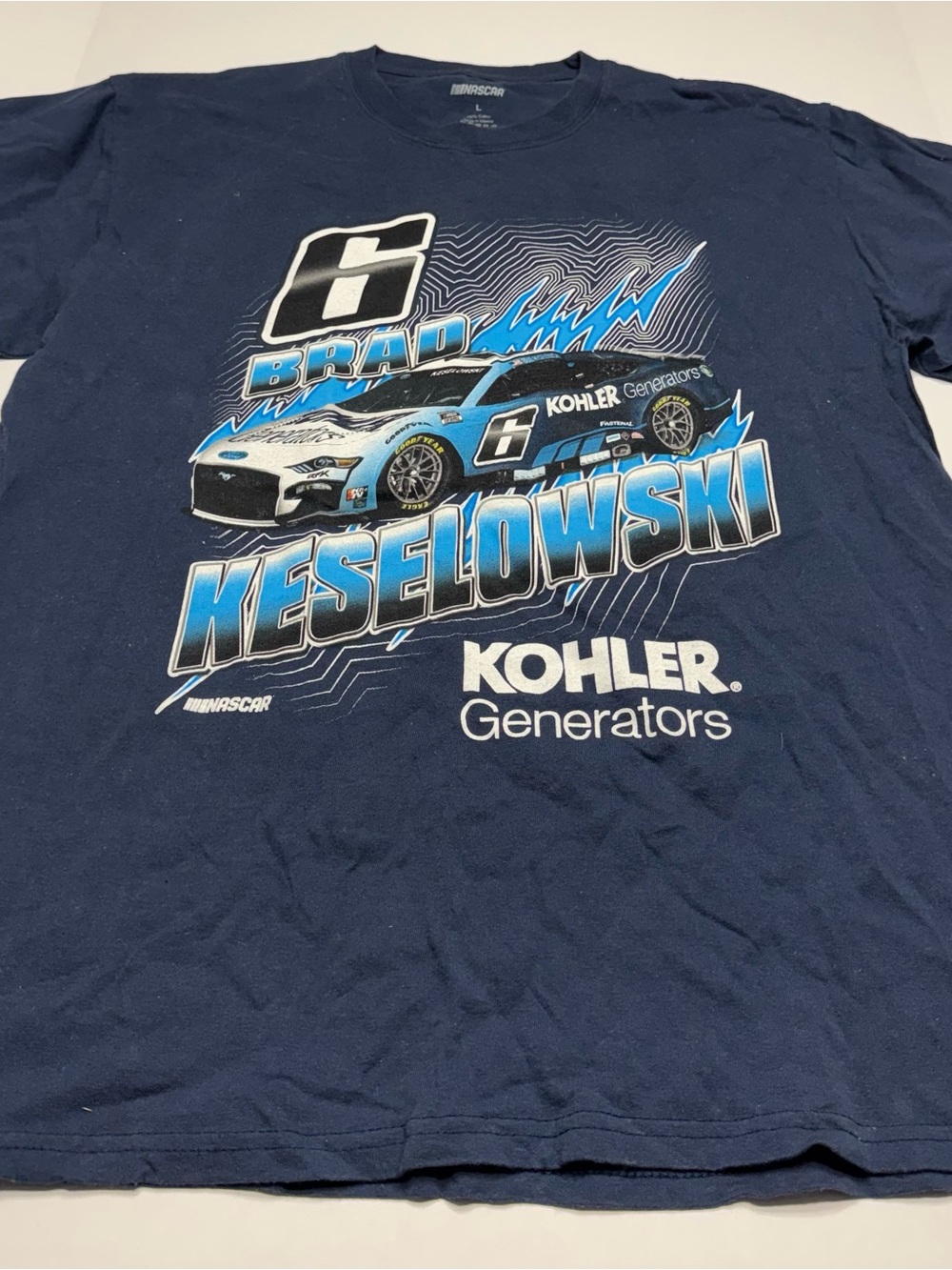 Nascar Brad Keselowski Navy Blue Graphic Tee with White and Light Blue Accents
